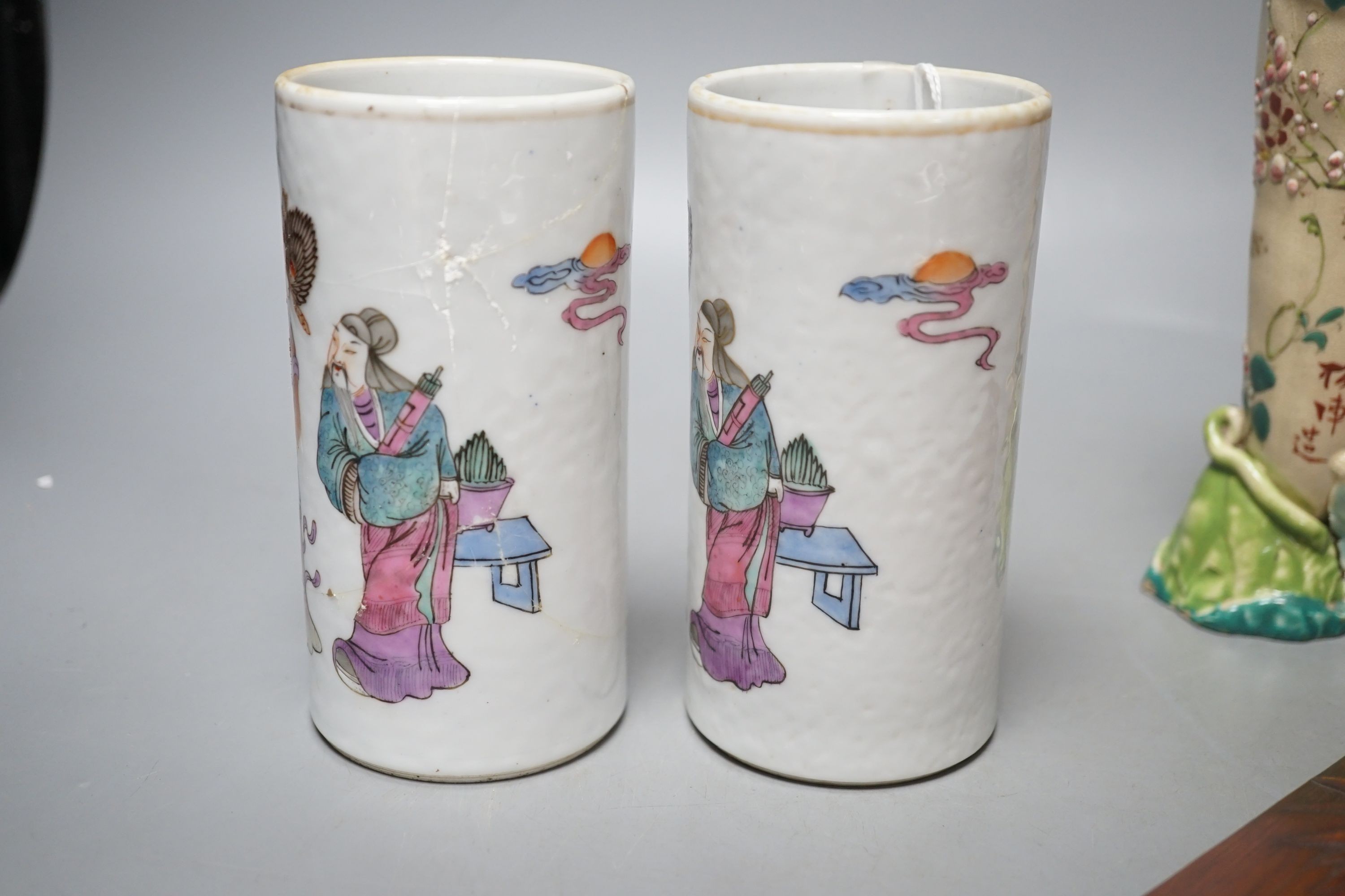 A pair of Chinese famille rose spill vases, Satsuma spill vase and bamboo wrist-rest, Wrist-rest 29 cms long.